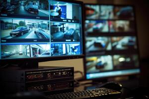 A close - up photo of a CCTV camera monitor displaying live footage from multiple security cameras around a private home.