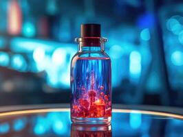 A close - up photo of a blue glass flask vial filled with a bright red chemical solution. Generative AI