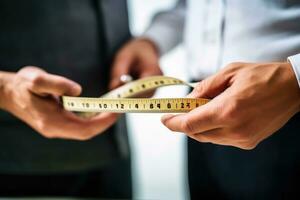 Close - up view of a doctor measuring a patient's waist circumference with a measuring tape, indicating obesity. Generative AI photo