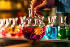 A close - up photo of a scientist's hand, clad in a lab coat and gloves, gripping a flask containing a chemical solution. Generative AI