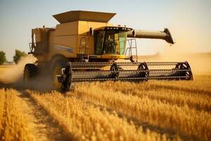 Modern industrial combine harvester working its way through vast wheat fields.  Generative AI photo