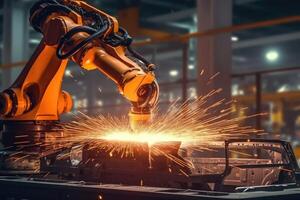 A close - up photo of a state - of - the - art assembly line in a car factory, showcasing the integration of automated robot arms and human workers.