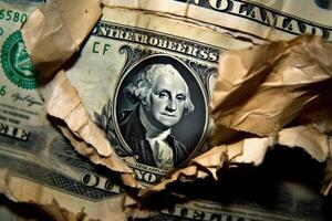A close - up photograph symbolizing the global financial crisis. The image focuses on a stack of crumpled dollar bills, symbolizing the devaluation of currency. photo