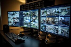 A close - up photo of a CCTV camera monitor displaying live footage from multiple security cameras around a private home.