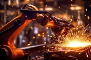 A close - up photo of a state - of - the - art assembly line in a car factory, showcasing the integration of automated robot arms and human workers.