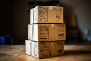 Close - up view of cardboard boxes neatly stacked, waiting to be moved into a new home. Generative AI photo