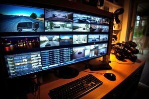 un cerca - arriba foto de un cctv cámara monitor mostrando En Vivo imágenes desde múltiple seguridad cámaras alrededor un privado hogar. generativo ai
