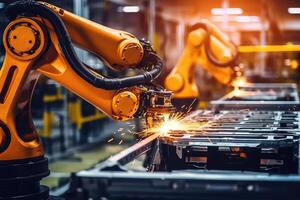 A close - up photo of a state - of - the - art assembly line in a car factory, showcasing the integration of automated robot arms and human workers.
