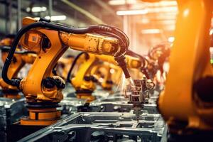 A close - up photo of a state - of - the - art assembly line in a car factory, showcasing the integration of automated robot arms and human workers.
