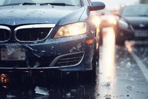 Close - up view of a car accident on a wet road during rain. Generative AI photo