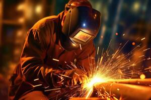 Welding workshop. Close - up shot of a welder wearing protective gear, with sparks flying in the air. photo