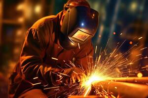 Welding workshop. Close - up shot of a welder wearing protective gear, with sparks flying in the air. Generative AI photo