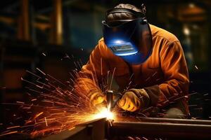 Welding workshop. Close - up shot of a welder wearing protective gear, with sparks flying in the air. Generative AI photo