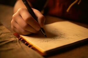 un cerca - arriba Disparo un niño escritura el primero letra en un nuevo cuaderno. generativo ai foto