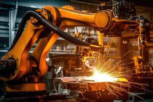 A close - up photo of a state - of - the - art assembly line in a car factory, showcasing the integration of automated robot arms and human workers.