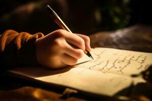 un cerca - arriba Disparo un niño escritura el primero letra en un nuevo cuaderno. generativo ai foto