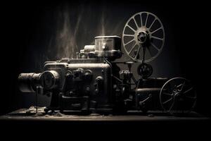 A cinematic, monochrome shot of an unattended vintage projector casting images onto the screen. photo