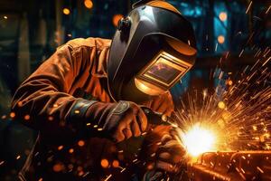 Welding workshop. Close - up shot of a welder wearing protective gear, with sparks flying in the air. photo
