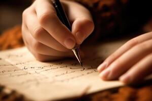 A close - up shot a child's handwriting the first letter in a new notebook. photo