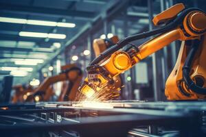 A close - up photo of a state - of - the - art assembly line in a car factory, showcasing the integration of automated robot arms and human workers.