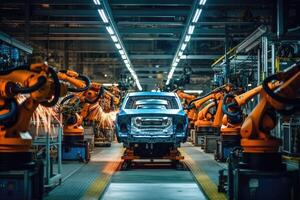 A close - up photo of a state - of - the - art assembly line in a car factory, showcasing the integration of automated robot arms and human workers.