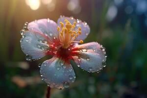 A close - up shot of a wildflower in bloom, glistening with dew in the morning light. Generative AI photo