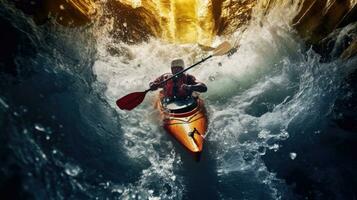 A man kayaking on a fast flowing river among large rocks. Generative AI photo