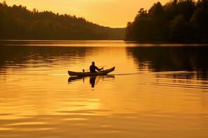 A tranquil and golden sunset kayaking experience. Generative AI photo