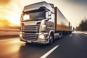 A close - up photo of a modern lorry in motion on a empty highway. Generative AI