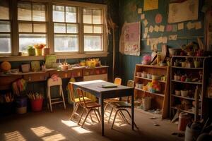 An adorable and atmospheric setting of a kindergarten classroom. photo