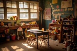 un adorable y atmosférico ajuste de un jardín de infancia aula. generativo ai foto