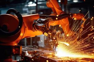 A close - up photo of a state - of - the - art assembly line in a car factory, showcasing the integration of automated robot arms and human workers.