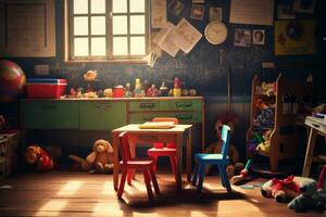 An adorable and atmospheric setting of a kindergarten classroom. Generative AI photo