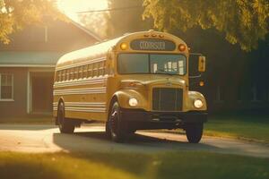 un atmosférico estableciendo Disparo de un colegio autobús en el suave Mañana ligero. generativo ai foto