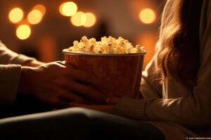 A candid close - up shot of a couple sharing a tender moment during a romantic film. Intertwined hands resting on a shared popcorn tub.  Generative AI photo