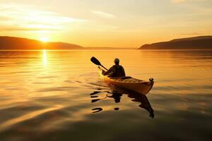 A tranquil and golden sunset kayaking experience. Generative AI photo