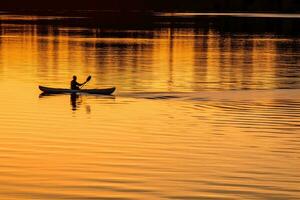 A tranquil and golden sunset kayaking experience. Generative AI photo