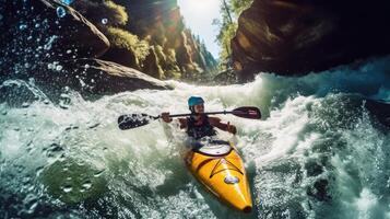 un hombre kayak en un rápido fluido río entre grande rocas generativo ai foto