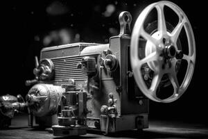 A cinematic, monochrome shot of an unattended vintage projector casting images onto the screen. photo