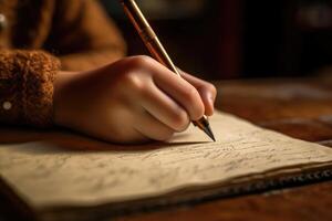 A close - up shot a child's handwriting the first letter in a new notebook. photo