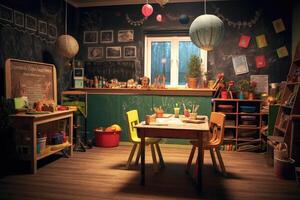 An adorable and atmospheric setting of a kindergarten classroom. Generative AI photo