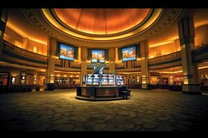 An establishing shot of a bustling movie theater lobby. Generative AI photo