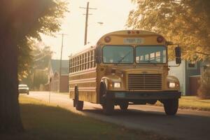 An atmospheric establishing shot of a school bus in the soft morning light. Generative AI photo