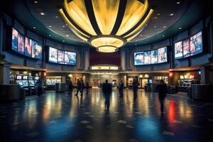 An establishing shot of a bustling movie theater lobby. photo