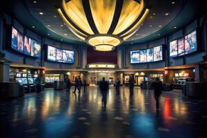 An establishing shot of a bustling movie theater lobby. Generative AI photo