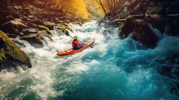 un hombre kayak en un rápido fluido río entre grande rocas generativo ai foto