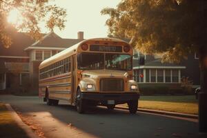 An atmospheric establishing shot of a school bus in the soft morning light. Generative AI photo