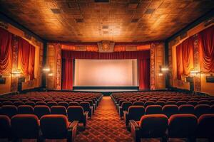 An atmospheric setting of an old - fashioned movie theater. The dimly lit auditorium, adorned with velvet drapes. photo