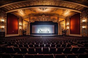 An atmospheric setting of an old - fashioned movie theater. The dimly lit auditorium, adorned with velvet drapes. photo