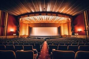 An atmospheric setting of an old - fashioned movie theater. The dimly lit auditorium, adorned with velvet drapes. photo